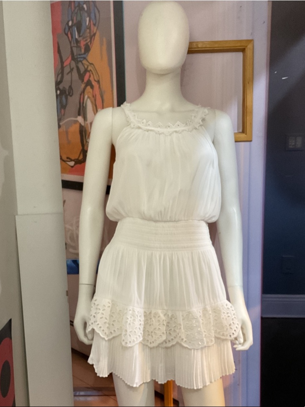 Ramy Brook White Sleeveless Eyelet-Trim Tiered Dress